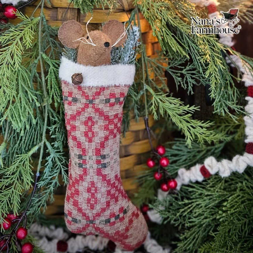 Mouse In Stocking with Wire Hanger Ornament Red/Green Coverlet - 10"