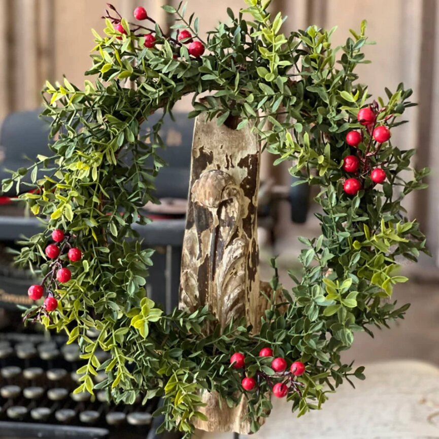 New England Boxwood with Berries Candle Ring - 11" Dia x 6.5" Ctr