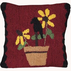 Crow & Sunflower Pot Hooked Pillow - 14" x 14"