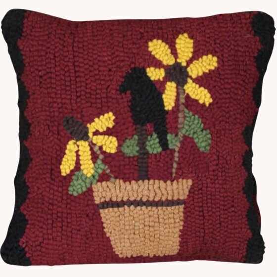 Crow & Sunflower Pot Hooked Pillow