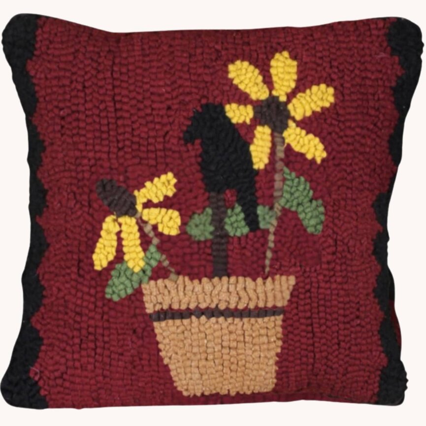 Crow & Sunflower Pot Hooked Pillow - 14" x 14"