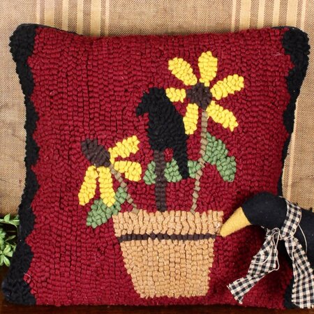 Crow & Sunflower Pot Hooked Pillow