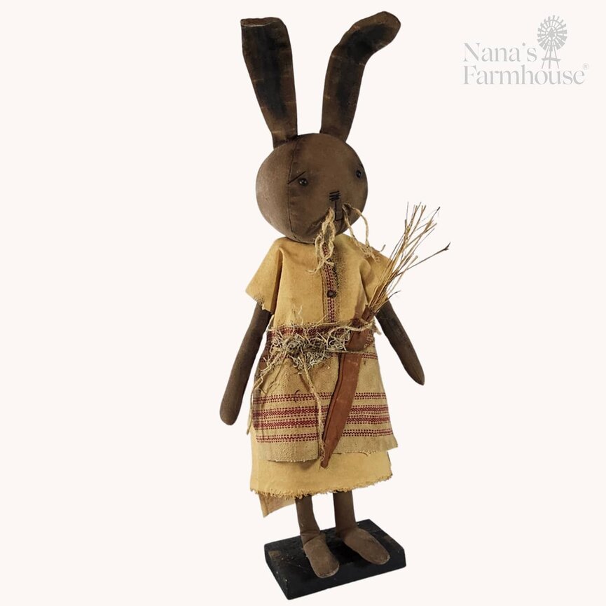 Theo Girl Bunny Doll Brown Face Burgundy Ticking Apron with Carrot - 25"