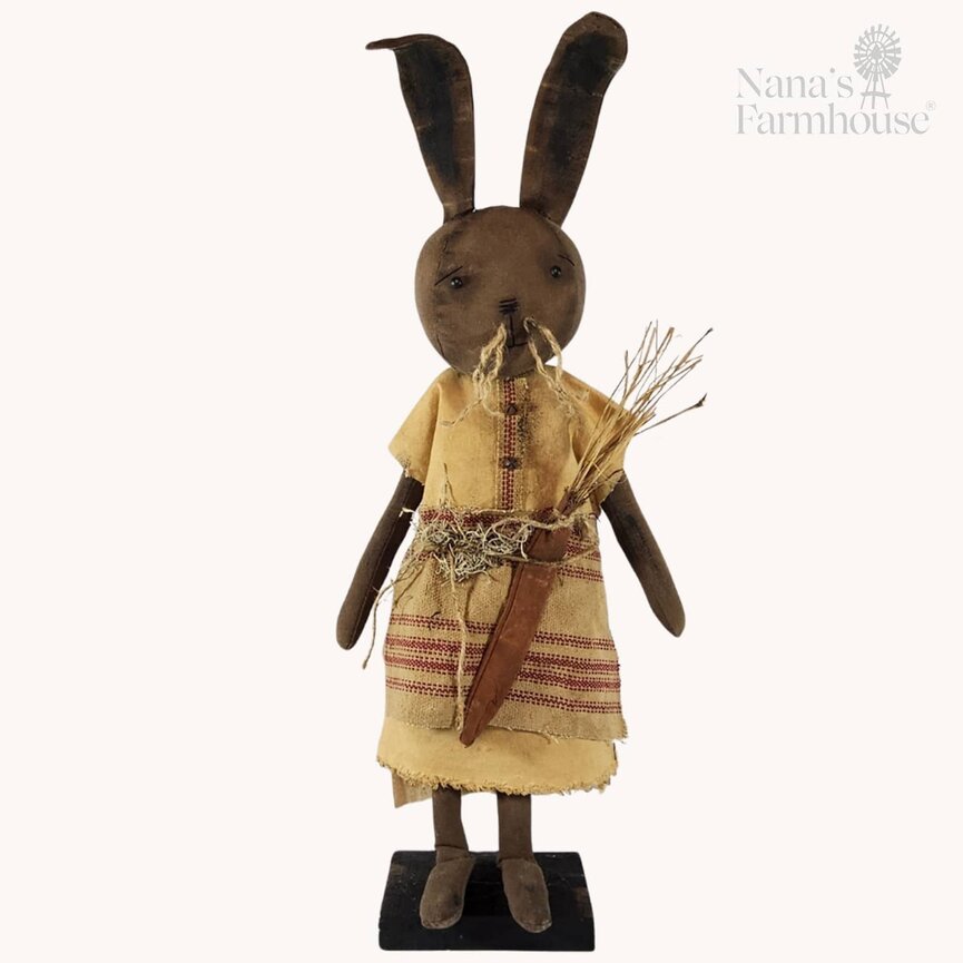 Theo Girl Bunny Doll Brown Face Burgundy Ticking Apron with Carrot - 25"