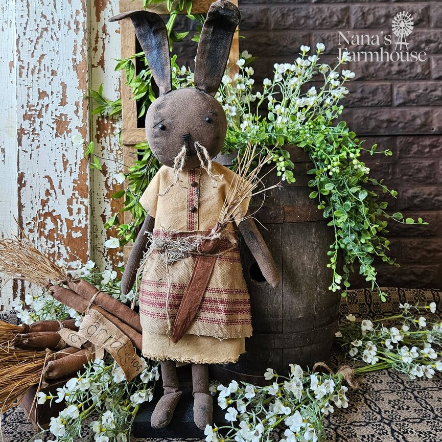 Theo Girl Bunny Doll Brown Face Burgundy Ticking Apron with Carrot - 25"