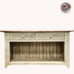 Two Drawer Sofa Table in Cotton White with Maple Stained Top - 60" L x 16" W x 31" T