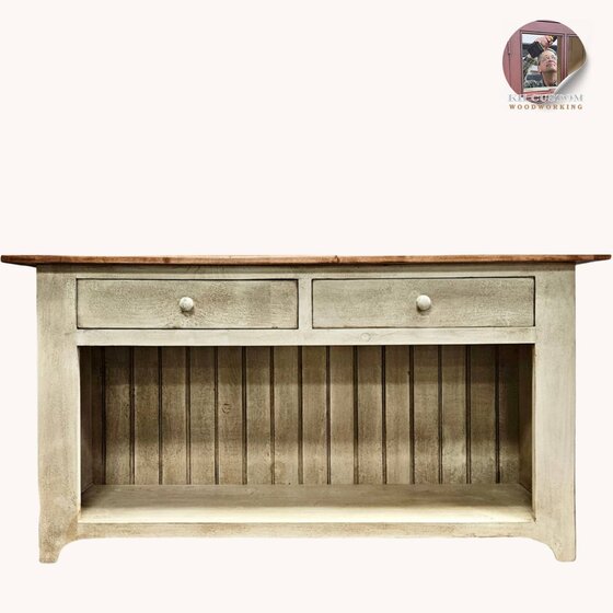 Two Drawer Sofa Table in Cotton White with Maple Stained Top - 5"