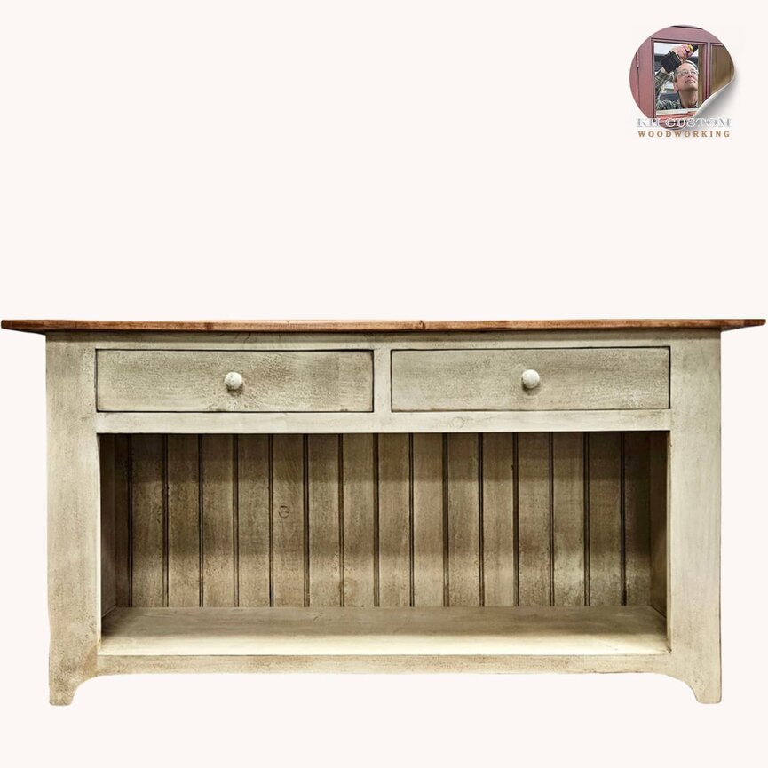 Two Drawer Sofa Table in Cotton White with Maple Stained Top - 60" L x 16" W x 31" T