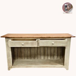 Two Drawer Sofa Table in Cotton White with Maple Stained Top - 60" L x 16" W x 31" T