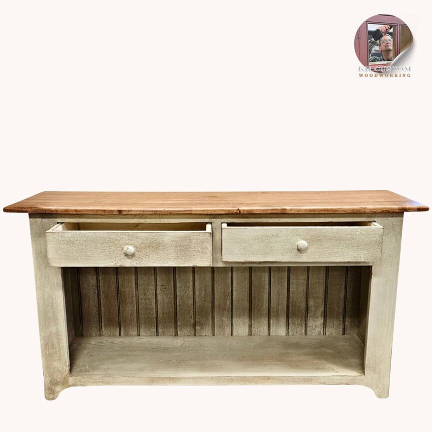 Two Drawer Sofa Table in Cotton White with Maple Stained Top - 60" L x 16" W x 31" T