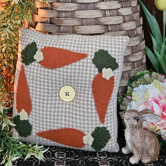 Four Carrot Wool Applique Pillow - 8"
