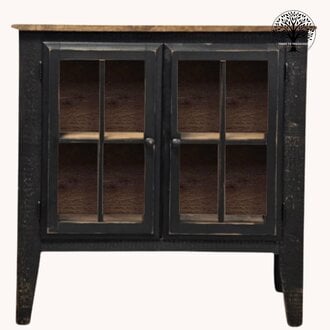 Black Rough Sawn Two Door Curio Cabinet with Barnwood Top