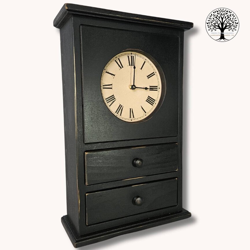 Black Homestead Wall Clock with Two Drawers - 22.5" x 14" x 6"