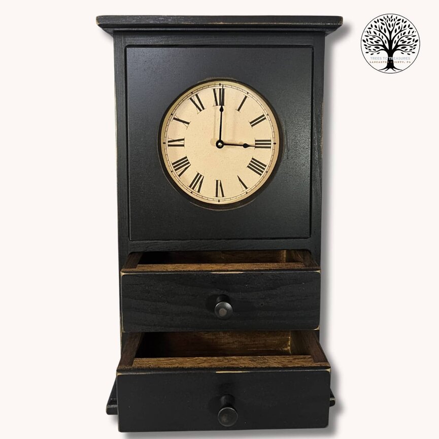 Black Homestead Wall Clock with Two Drawers - 22.5" x 14" x 6"