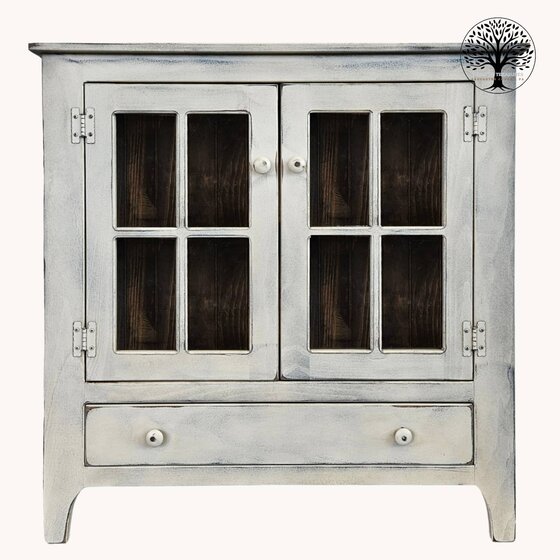 Curio Cabinet with Two Glass Doors 4 Panes Each Buttermilk