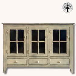 Curio Triple Glass with Drawers in Sage Pewter - 52 W x 36 T x 12.5 D