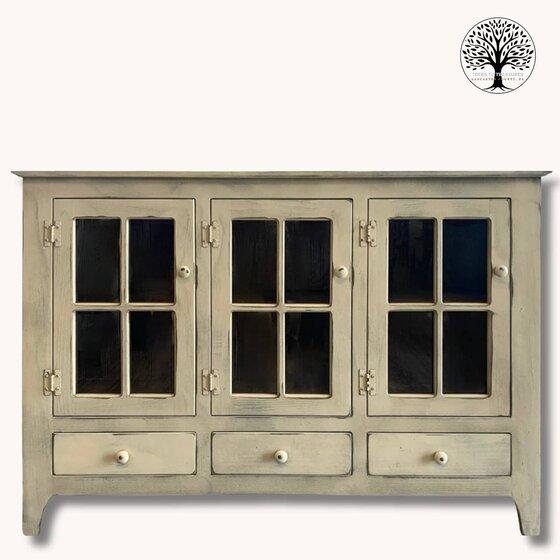 Curio Triple Glass with Drawers in Sage Pewter