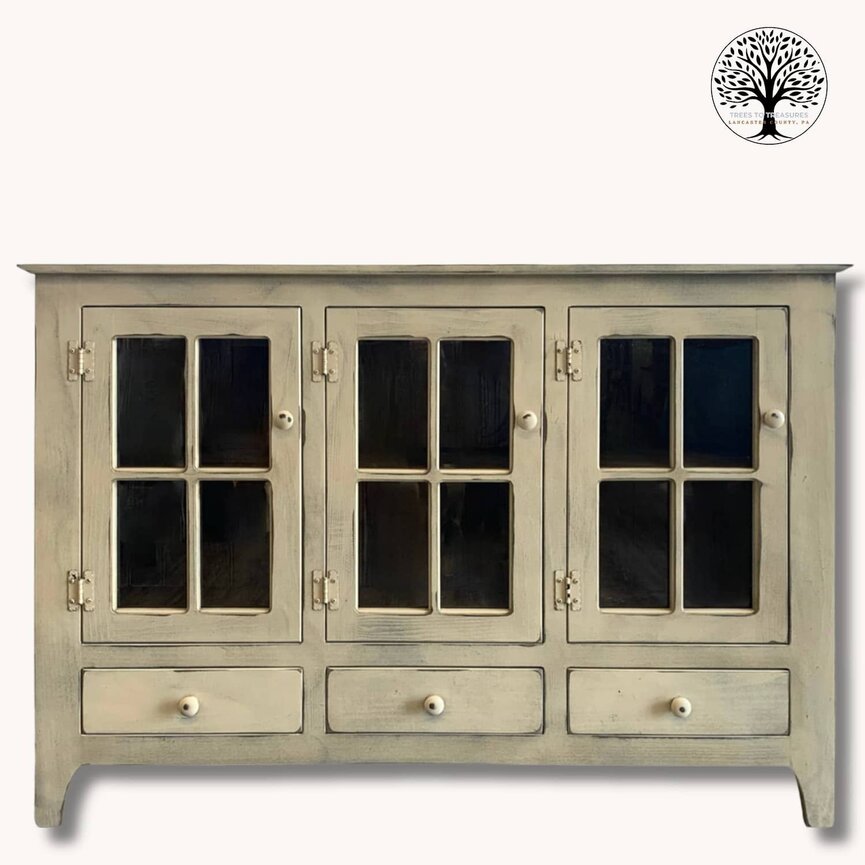 Curio Triple Glass with Drawers in Sage Pewter - 52 W x 36 T x 12.5 D