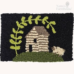 Hooked Rug Log Cabin On Black with Greenery Branch - 17" x 11"