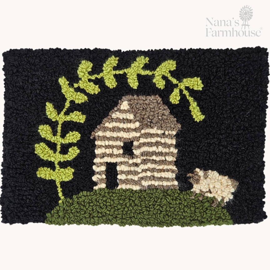 Hooked Rug Log Cabin On Black with Greenery Branch - 17" x 11"