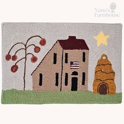 Needle Punched Rug Salt Box House with American Flag & Bee Skep - 15.5" x 10.5"