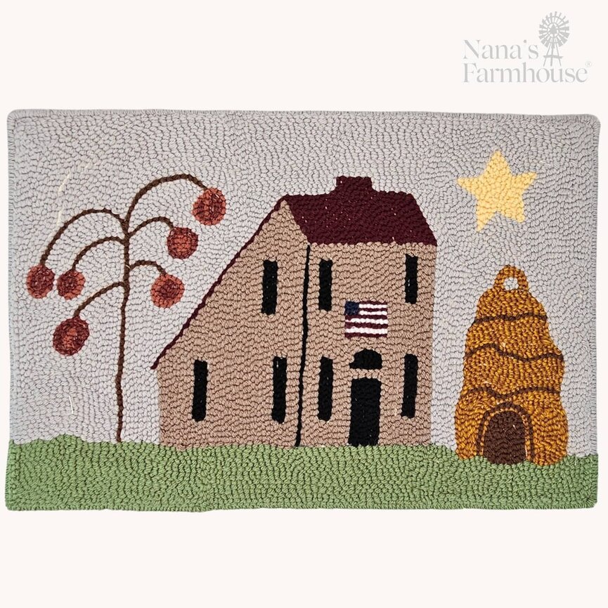 Needle Punched Rug Salt Box House with American Flag & Bee Skep - 15.5" x 10.5"