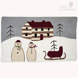 Needle Punched Rug Log Cabin, Snowmen & Sled - 18" x  11"