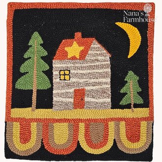 Log Cabin W/Pine Tree & Moon Needle Punched Rug