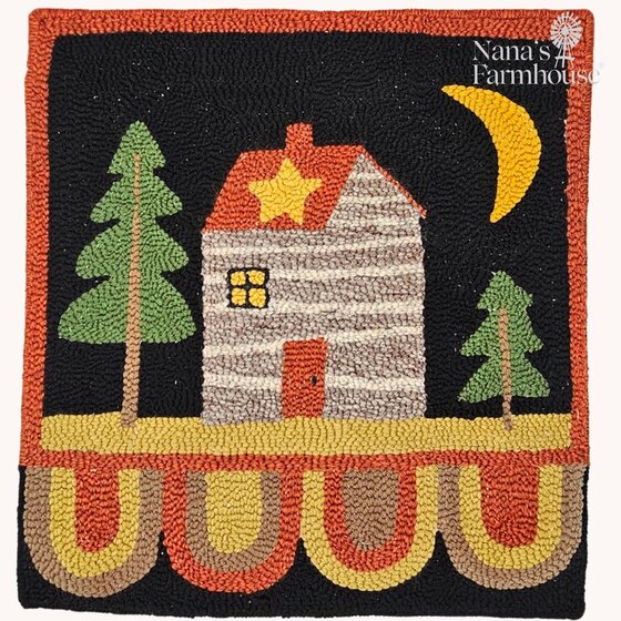 Log Cabin W/Pine Tree & Moon Needle Punched Rug