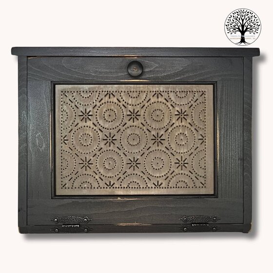 Black Slant Front Bread Box with Old Mill Tin