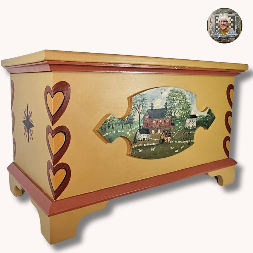 Chest W/Hearts & Barn Scene Checkerboard Mustard - 17" T x 28" W x 15" D