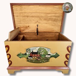 Chest W/Hearts & Barn Scene Checkerboard Mustard - 17" T x 28" W x 15" D
