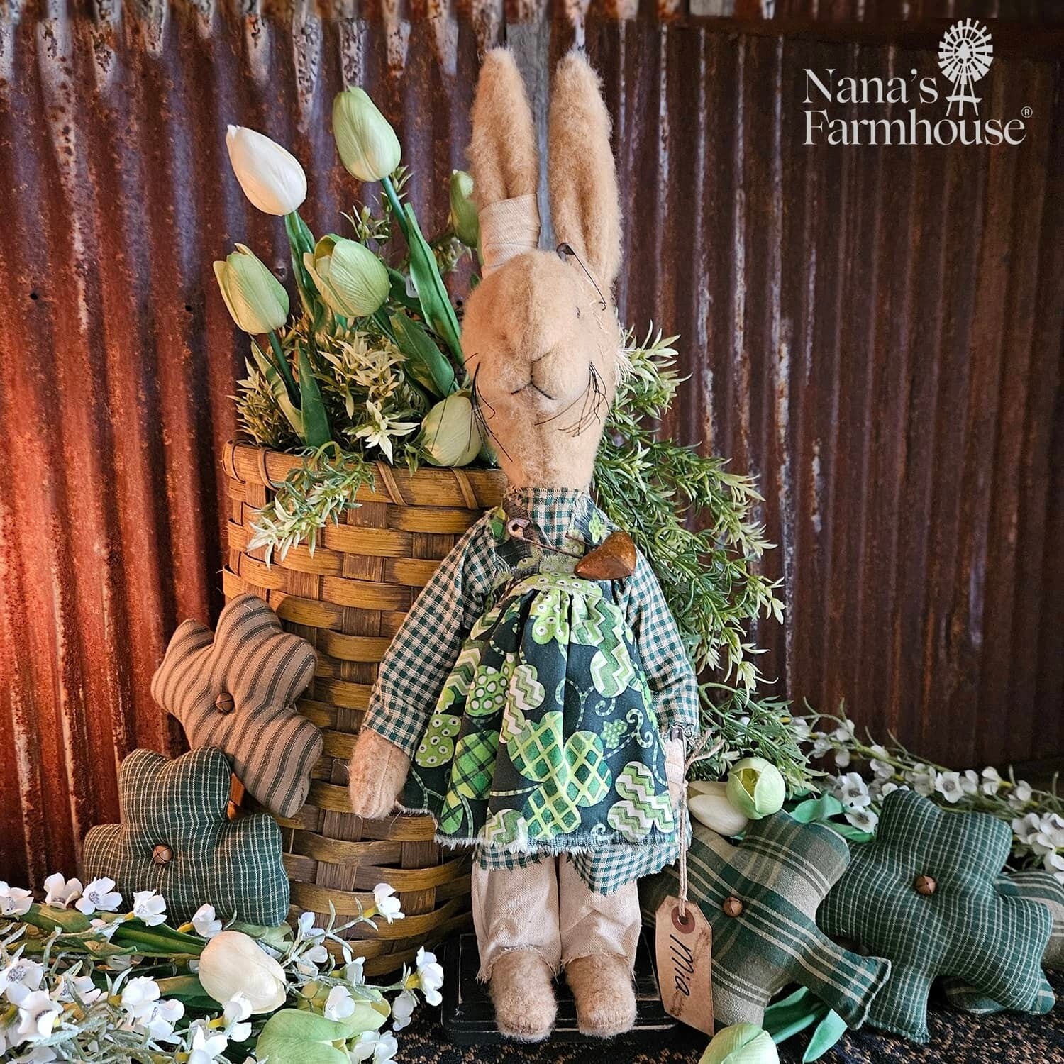 Shamrock Rabbit Doll in Apron | Nana's Farmhouse - Nana's Farmhouse