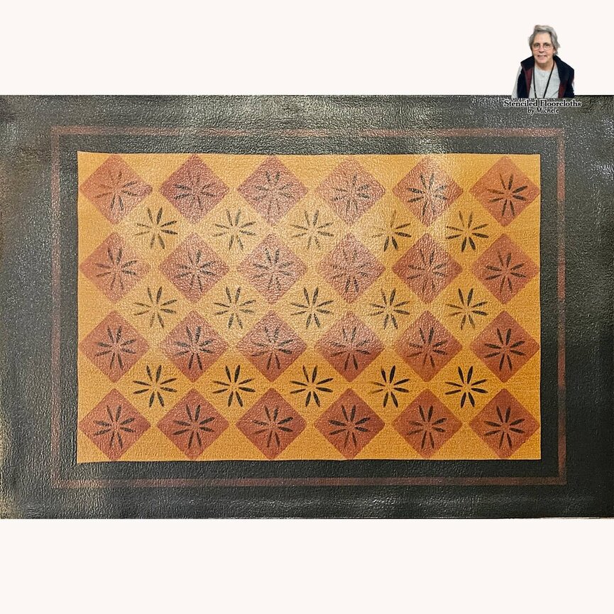 Diamond Starburst Red Orange with Black Red Border Floor Cloth - 24" x 34"