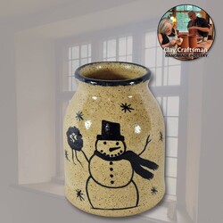 Clay Canning Crock with Snowman & Wreath Tan - 5"