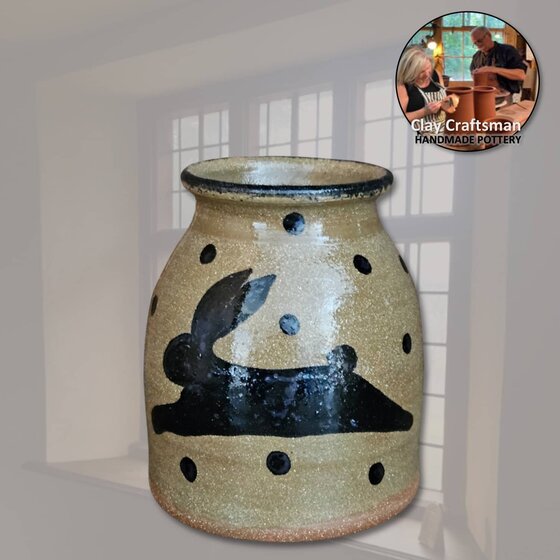 Running Rabbit Brown Clay Pottery Canning Crock with Dots - Small