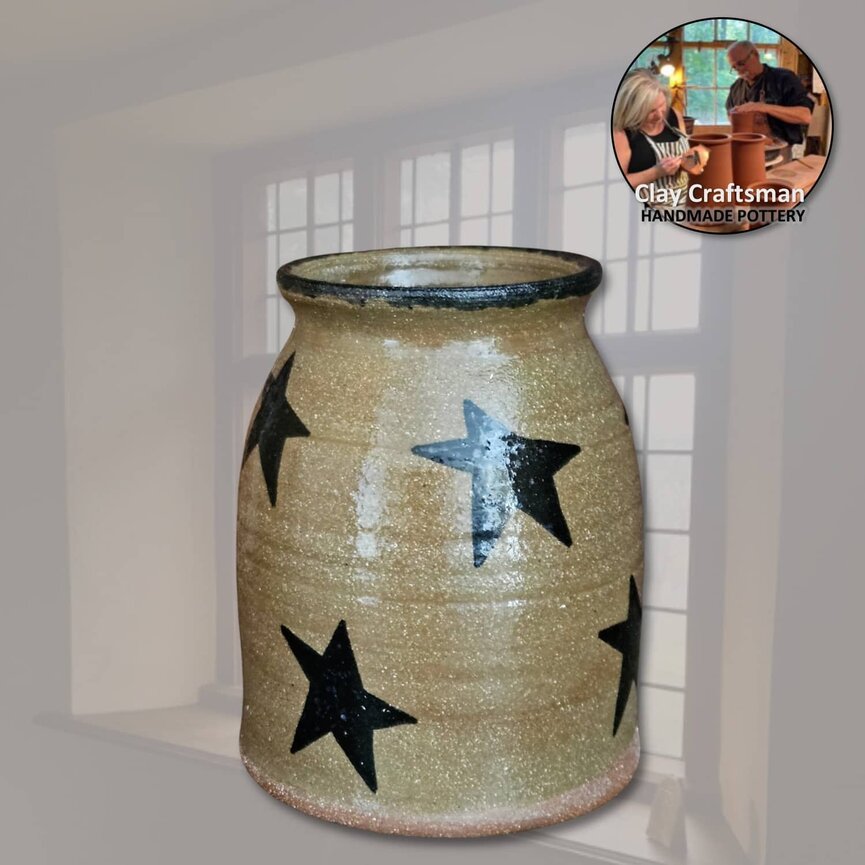 Clay Craftsman Brown Clay Pottery Small Canning Crock W/Stars 5" T