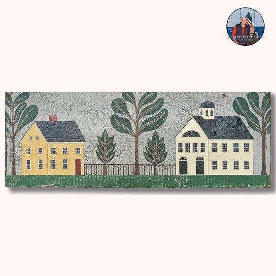 Prim Village Houses with Trees Hand-Painted Sign