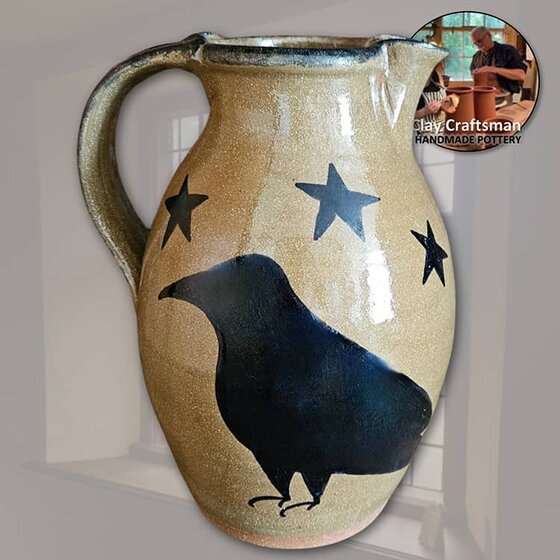 Crow & Stars Brown Pottery Pitcher - Large