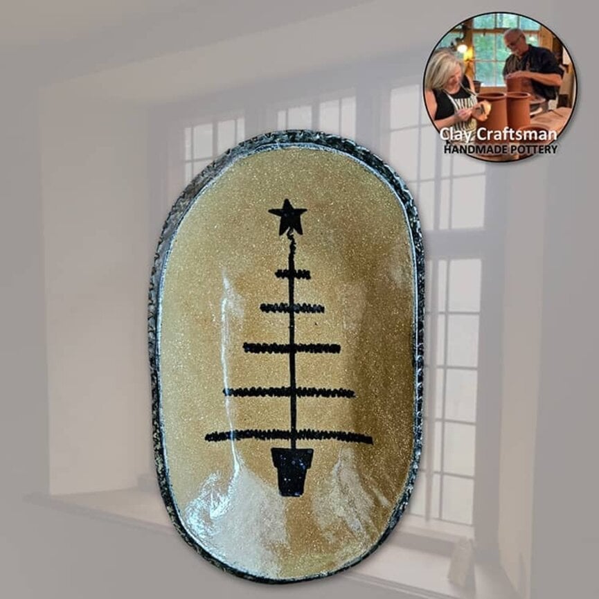 Brown Pottery Oval Plate Feather Tree - 7"