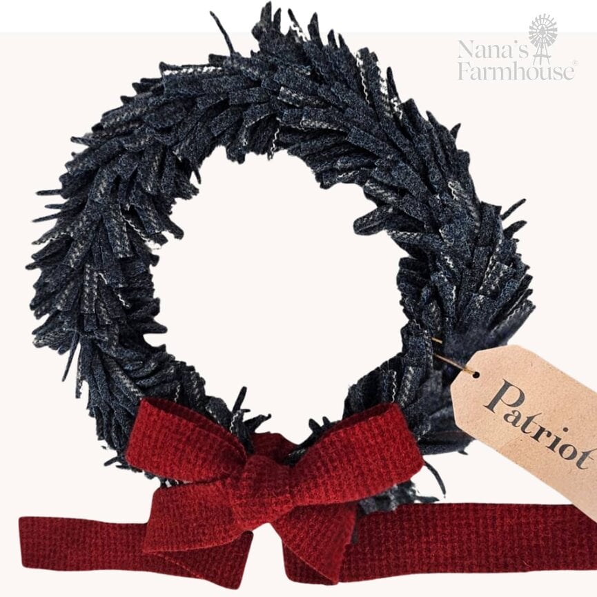 Wool Felt Wreath Coverall Blue with Seeded Strawberry Bow - 9"