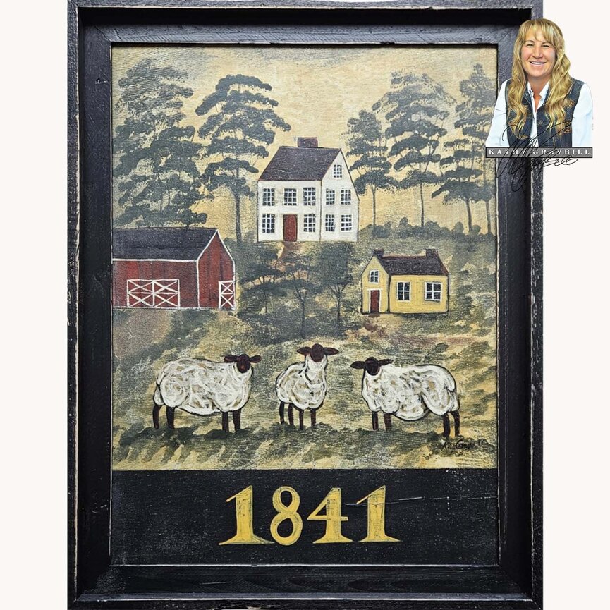 Kathy Graybill Hand Painted 1841 Saltbox Sheep Original Artwork Black Frame - 21" x 27"