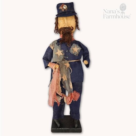 Prim Union Soldier Doll with Tattered Uniform & American Flag