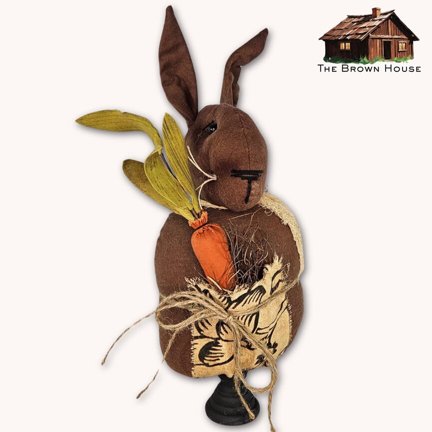 Brown Fabric Bunny Doll with Carrot In Pocket On Stand - 16"
