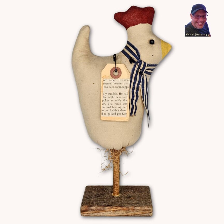 Chicken with Blue & White Striped Scarf On Stand - 10"