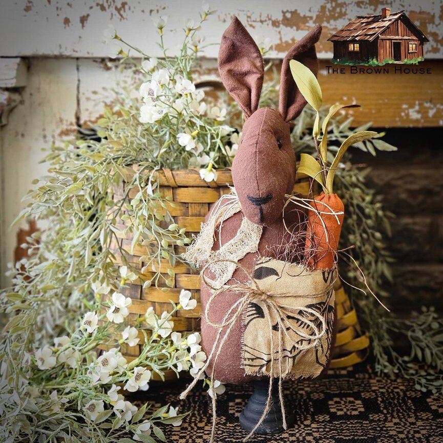 Brown Fabric Bunny Doll with Carrot In Pocket On Stand - 16"