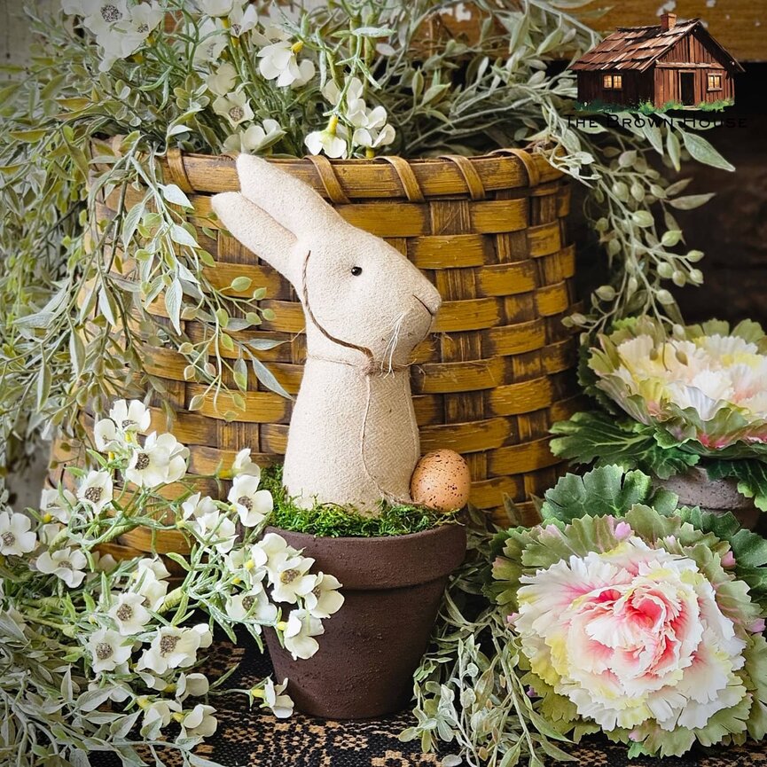 Bunny In Burgundy Flower Pot with Egg - 10"