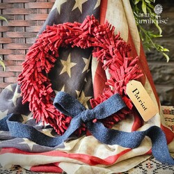 Wool Felt Wreath Red Velvet with Navy Bow - 9"