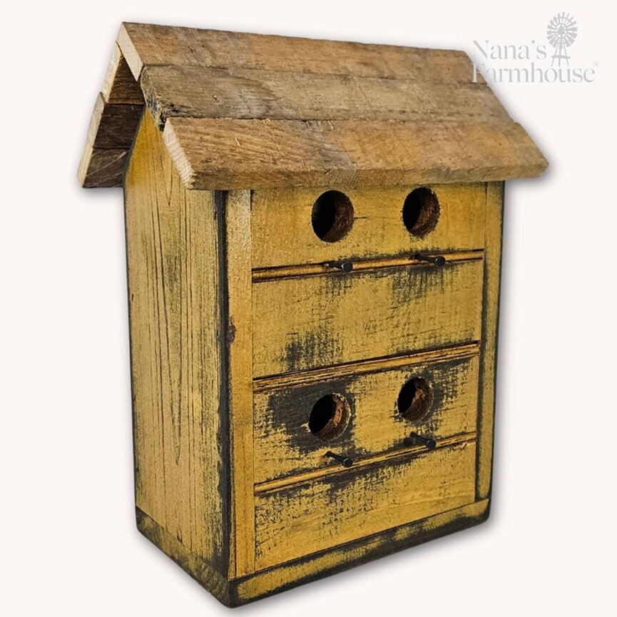 Beadboard Bird House 4 Hole Slat Roof Mustard - 14"