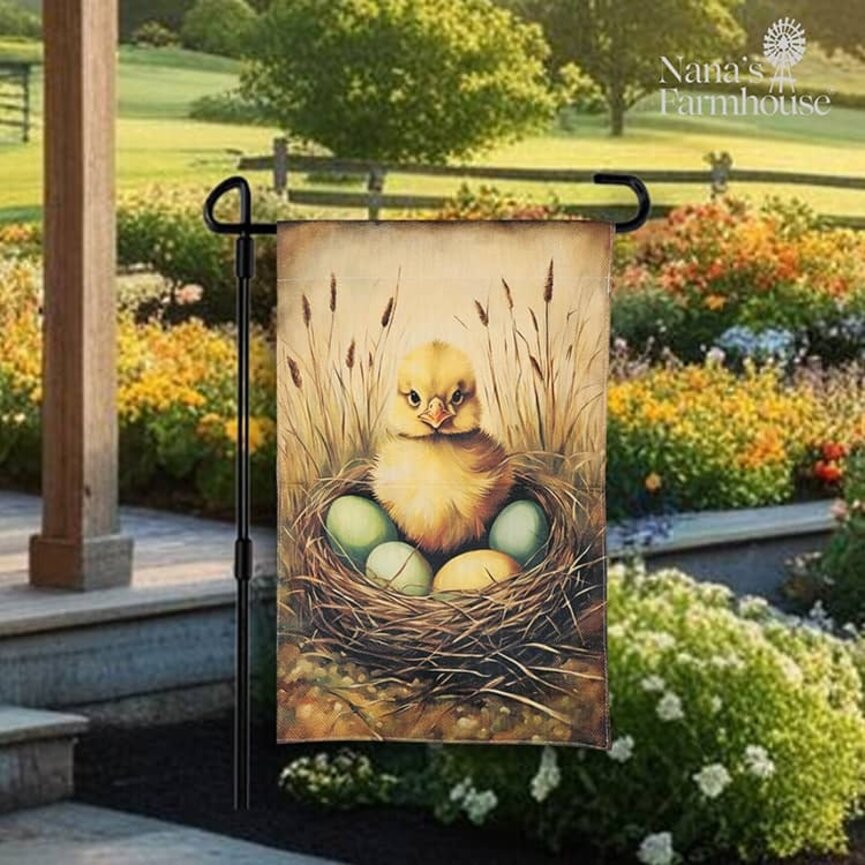 Primitive Chick In Nest Double Sided Garden Flag - 17.25" x 12.5"